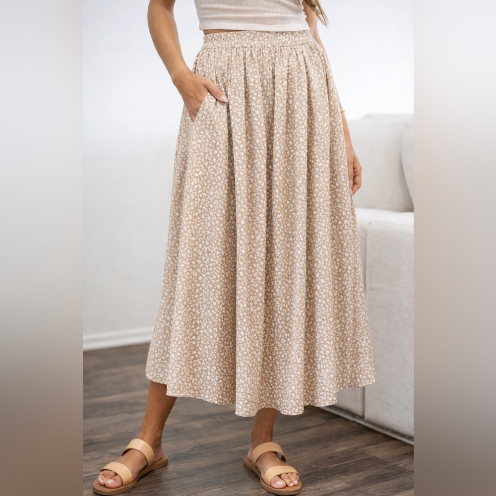 Vintage Beige Floral Pleated Midi Skirt w/ Pockets Cottagecore 90s Size MED